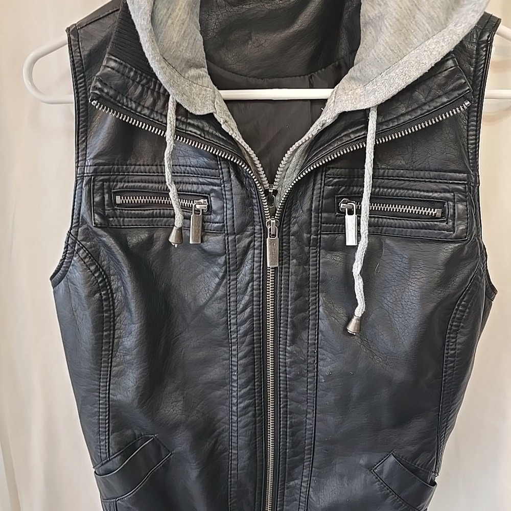 Vanity Hooded Leather Look Double Zip‎ Vest Black/gray Juniors/teens M Y2K 90s - Picture 5 of 14